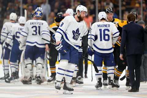 BOSTON, MASSACHUSETTS – APRIL 23: Jake Muzzin #8 of the Toronto Maple Leafs s. (Photo by Maddie Meyer/Getty Images)