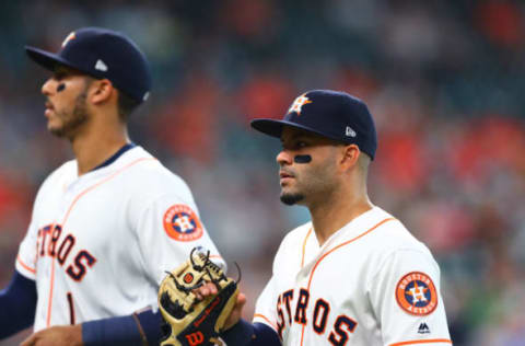 Apr 20, 2017; Houston, TX, USA; Houston Astros second baseman Jose Altuve (right) and shortstop Carlos Correa against the Los Angeles Angels at Minute Maid Park. Mandatory Credit: Mark J. Rebilas-USA TODAY Sports