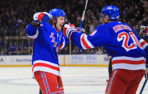 Jan 22, 2022; New York, New York, USA; (Editors Notes: Caption Correction) New York Rangers left wing Artemi Panarin (10) celebrates with left wing Chris Kreider (20) after scoring a goal against the Arizona Coyotes during the second period at Madison Square Garden. Mandatory Credit: Danny Wild-USA TODAY Sports