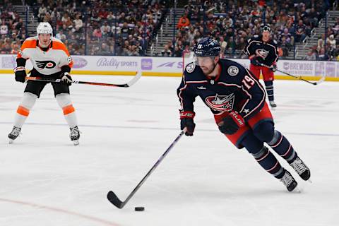 Nov 15, 2022; Columbus, Ohio, USA; Columbus Blue Jackets center Liam Foudy (19) skates with the puck during the second period against the Philadelphia Flyers at Nationwide Arena. Mandatory Credit: Russell LaBounty-USA TODAY Sports