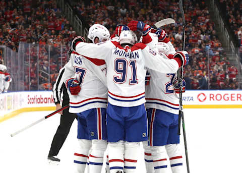 EDMONTON, CANADA – DECEMBER 3: Sean Monahan #91 of the Montreal Canadiens celebrates a goal with his line mates in the first period against the Edmonton Oilers on December 3, 2022 at Rogers Place in Edmonton, Alberta, Canada. (Photo by Lawrence Scott/Getty Images)