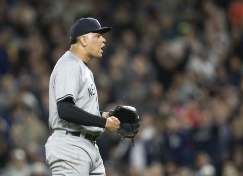 SEATTLE, WA – SEPTEMBER 8: Relief pitcher Dellin Betances #68 of the New York Yankees celebrates after the final out of a game against the Seattle Mariners at Safeco Field on September 8, 2018 in Seattle, Washington. The Yankees won 4-2. (Photo by Stephen Brashear/Getty Images)