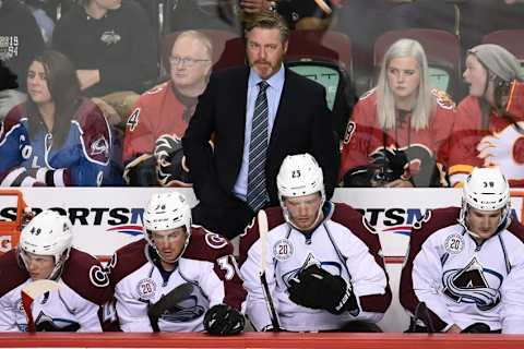 Sep 29, 2015; Calgary, Alberta, CAN; Colorado Avalanche head coach Patrick Roy against the Calgary Flames at Scotiabank Saddledome. Flames won 2-0. Mandatory Credit: Candice Ward-USA TODAY Sports