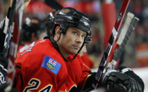 Jan 21, 2009; Calgary, AB, Canada; Calgary Flames center Craig Conroy (24) looks on against the Columbus Blue Jackets at the Pengrowth Saddledome. The Flames beat the Blue Jackets 5-4. Mandatory Credit: Tom Szczerbowski-USA TODAY Sports