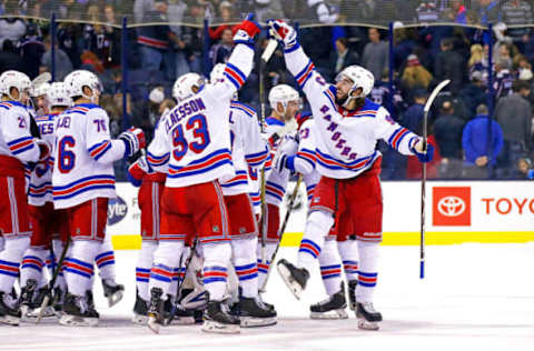 COLUMBUS, OH – NOVEMEBER 10: Fredrik Claesson #33 of the New York Rangers and Mika Zibanejad #93 celebrate after defeating the Columbus Blue Jackets 5-4 in a shootout on November 10, 2018 at Nationwide Arena in Columbus, Ohio. (Photo by Kirk Irwin/Getty Images)