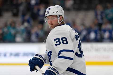 Nov 26, 2021; San Jose, California, USA; Toronto Maple Leafs defenseman Rasmus Sandin (38)  Mandatory Credit: Stan Szeto-USA TODAY Sports