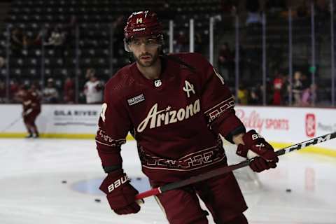 TEMPE, ARIZONA – JANUARY 22: Shayne Gostisbehere #14 of the Arizona Coyotes warms up before a game against the Vegas Golden Knights at Mullett Arena on January 22, 2023 in Tempe, Arizona. (Photo by Zac BonDurant/Getty Images)