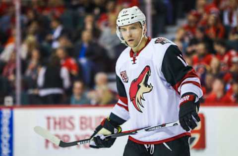 Feb 13, 2017; Calgary, Alberta, CAN; Arizona Coyotes right wing Radim Vrbata (17) during the second period against the Calgary Flames at Scotiabank Saddledome. Mandatory Credit: Sergei Belski-USA TODAY Sports