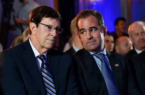 MONTREAL, QC – NOVEMBER 17: President and owner of the Montreal Canadiens Geoff Molson (R) looks over at president of hockey operations and general manager of the Nashville Predators David Poile during the NHL Centennial 100 Celebration at the Windsor Hotel on November 17, 2017 in Montreal, Quebec, Canada. (Photo by Minas Panagiotakis/NHLI via Getty Images)