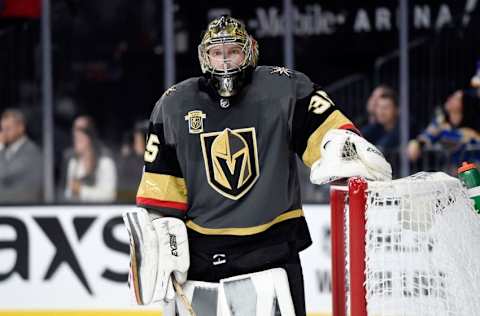 LAS VEGAS, NV – OCTOBER 21: Goalie Oscar Dansk #35 of the Vegas Golden Knights looks on against the St. Louis Blues at T-Mobile Arena on October 21, 2017, in Las Vegas, Nevada. (Photo by David Becker/NHLI via Getty Images)