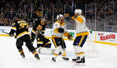 BOSTON, MA – DECEMBER 21: Ryan Ellis #4 of the Nashville Predators celebrates his overtime goal against the Boston Bruins with teammate Ryan Johansen #92 at TD Garden on December 21, 2019 in Boston, Massachusetts. The Predators won 4-3. (Photo by Rich Gagnon/Getty Images)