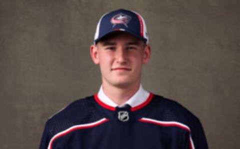 MONTREAL, QUEBEC – JULY 07: David Jiricek, #6 pick by the Columbus Blue Jackets, poses for a portrait during the 2022 Upper Deck NHL Draft at Bell Centre on July 07, 2022 in Montreal, Quebec, Canada. (Photo by Minas Panagiotakis/Getty Images)