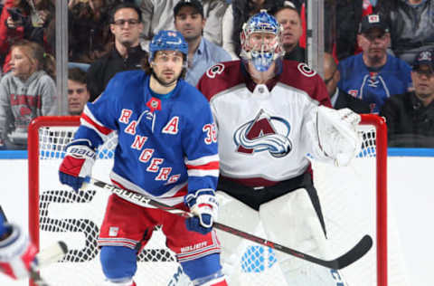 NEW YORK, NY – OCTOBER 16: Mats Zuccarello #36 of the New York Rangers skates against Semyon Varlamov #1 of the Colorado Avalanche at Madison Square Garden on October 16, 2018 in New York City. The New York Rangers won 3-2 in a shootout. (Photo by Jared Silber/NHLI via Getty Images)