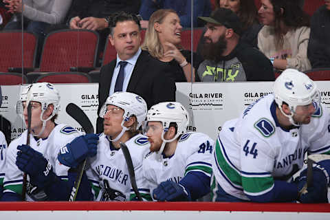 Head coach Travis Green of the Vancouver Canucks watches the game. (Photo by Christian Petersen/Getty Images)