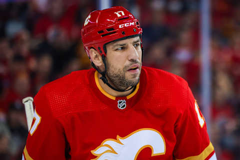 May 11, 2022; Calgary, Alberta, CAN; Calgary Flames left wing Milan Lucic (17) against the Dallas Stars during the second period in game five of the first round of the 2022 Stanley Cup Playoffs at Scotiabank Saddledome. Mandatory Credit: Sergei Belski-USA TODAY Sports