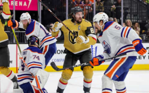 LAS VEGAS, NEVADA – MAY 12: Mark Stone #61 of the Vegas Golden Knights reacts after scoring a second-period power-play goal against Stuart Skinner #74, Mattias Ekholm #14 and Cody Ceci #5 of the Edmonton Oilers in Game Five of the Second Round of the 2023 Stanley Cup Playoffs at T-Mobile Arena on May 12, 2023 in Las Vegas, Nevada. The Golden Knights defeated the Oilers 4-3. (Photo by Ethan Miller/Getty Images)