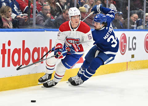 Apr 8, 2023; Toronto, Ontario, CAN; Montreal Canadiens defenseman Justin Barron. Mandatory Credit: Dan Hamilton-USA TODAY Sports