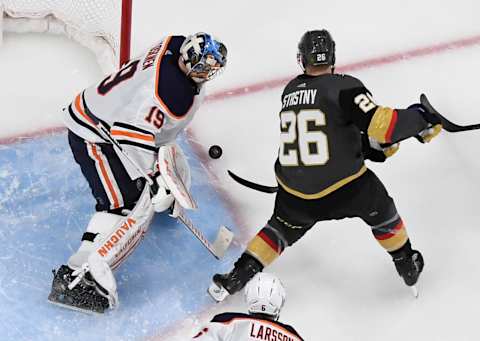 Paul Stastny #26 of the Vegas Golden Knights tries to shoot a rebound past Mikko Koskinen #19 of the Edmonton Oilers in the third period of their game at T-Mobile Arena on February 26, 2020. (Photo by Ethan Miller/Getty Images)