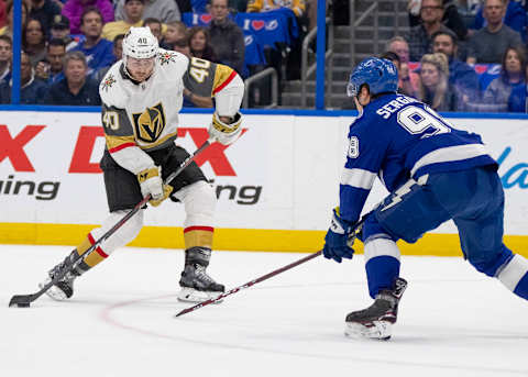 TAMPA, FL – FEBRUARY 05: Vegas Golden Knights center Ryan Carpenter (40) shoots the puck during the NHL Hockey match between the Tampa Bay Lightening and Vegas Golden Nights on February 5, 2019, at Amalie Arena in Tampa, FL. (Photo by Andrew Bershaw/Icon Sportswire via Getty Images)