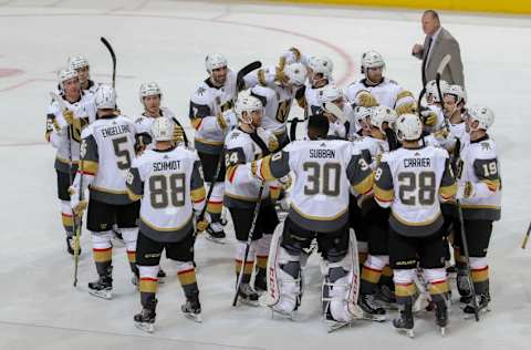 WINNIPEG, MB – FEBRUARY 1: Vegas Golden Knights players celebrate following a 3-2 overtime victory over the Winnipeg Jets at the Bell MTS Place on February 1, 2018, in Winnipeg, Manitoba, Canada. (Photo by Jonathan Kozub/NHLI via Getty Images)