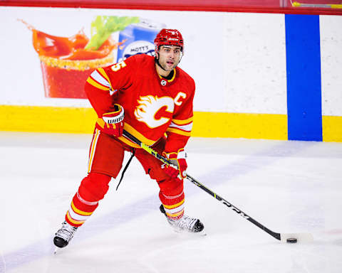 Mark Giordano #5 of the Calgary Flames. (Photo by Derek Leung/Getty Images)