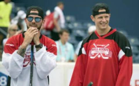 Jul 24, 2016; Toronto, Ontario, Dallas Stars player Tyler Seguin talks with Dallas Stars player Jason Spezza before the Rogers Cup Sportsnet Ball Hockey Challenge during qualifying of the Rogers Cup tennis tournament at the Aviva Centre. Mandatory Credit: Nick Turchiaro-USA TODAY Sports