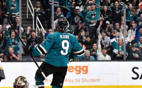 SAN JOSE, CA – MARCH 30: Evander Kane #9 of the San Jose Sharks celebrates scoring a goal against the Vegas Golden Knights at SAP Center on March 30, 2019 in San Jose, California (Photo by Brandon Magnus/NHLI via Getty Images)