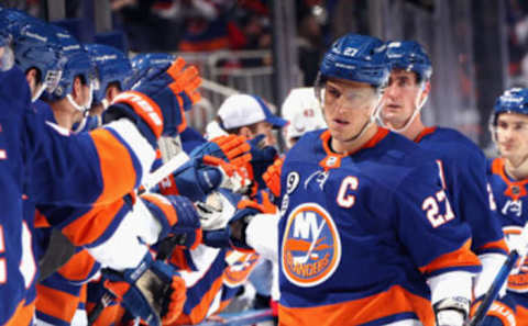 ELMONT, NEW YORK – APRIL 28: Anders Lee #27 of the New York Islanders celebrates his first period goal against the Washington Capitals at UBS Arena on April 28, 2022 in Elmont, New York. (Photo by Bruce Bennett/Getty Images)