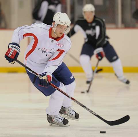 BALLSTON VA- July 12: Capitals Anton Gustafsson advances the puck up ice during the Washington Capitals development camp at their practice rink in Ballston VA July 12, 2010. (Photo by John McDonnell/The Washington Post via Getty Images)