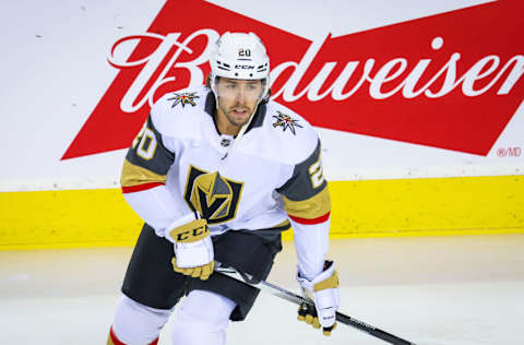 Apr 14, 2022; Calgary, Alberta, CAN; Vegas Golden Knights center Chandler Stephenson (20) skates during the warmup period against the Calgary Flames at Scotiabank Saddledome. Mandatory Credit: Sergei Belski-USA TODAY Sports