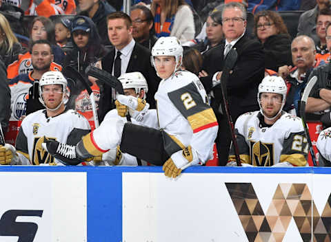 EDMONTON, AB – APRIL 5: Zach Whitecloud #2 of the Vegas Golden Knights jumps over the boards during the game against the Edmonton Oilers on April 5, 2018 at Rogers Place in Edmonton, Alberta, Canada. (Photo by Andy Devlin/NHLI via Getty Images)