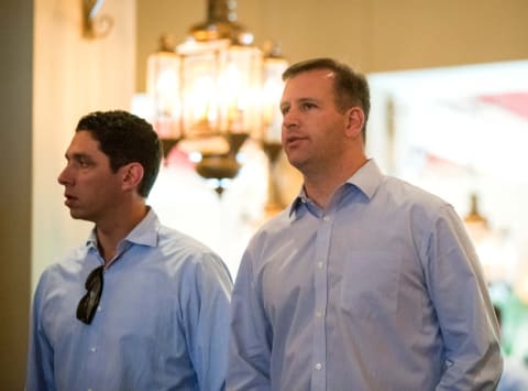 Nov 8, 2016; Scottsdale, AZ, USA; Oakland Athletics general manager David Forst (right) and Texas Rangers general manager Jon Daniels during the MLB general managers meeting at the Omni Scottsdale Resort. Mandatory Credit: Mark J. Rebilas-USA TODAY Sports