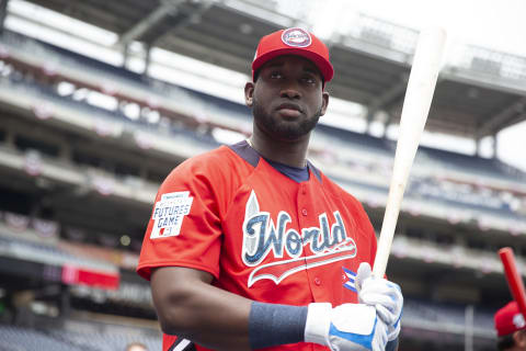 WASHINGTON, D.C. – JULY 15: Leody Tavveras #3 of the World Team looks on during batting practice at the SiriusXM All-Star Futures Game at Nationals Park on Sunday, July 15, 2018 in Washington, D.C. (Photo by Rob Tringali/MLB Photos via Getty Images) *** Leody Taveras