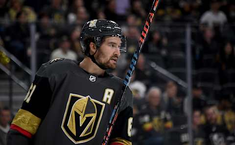 LAS VEGAS, NEVADA – OCTOBER 17: Mark Stone #61 of the Vegas Golden Knights takes a break during a stop in play in the third period of a game against the Ottawa Senators at T-Mobile Arena on October 17, 2019 in Las Vegas, Nevada. The Golden Knights defeated the Senators 3-2 in a shootout. (Photo by Ethan Miller/Getty Images)