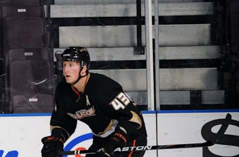 PENTICTON, BC – SEPTEMBER 15: Mark Mitera #43 of the Anaheim Ducks skates against the Vancouver Canucks during game 6 of the Young Stars Tournament on September 15, 2010. (Photo by Marissa Baecker/Getty Images)