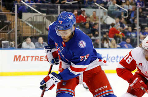 NEW YORK, NEW YORK – APRIL 16: K’Andre Miller #79 of the New York Rangers skates with the puck during the second period against the Detroit Red Wings at Madison Square Garden on April 16, 2022, in New York City. (Photo by Sarah Stier/Getty Images)