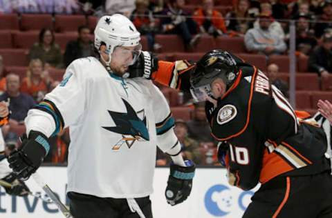 ANAHEIM, CA – APRIL 12: Corey Perry #10 of the Anaheim Ducks throws a punch at Brenden Dillon #4 of the San Jose Sharks in the third period in Game One of the Western Conference First Round during the 2018 NHL Stanley Cup Playoffs at Honda Center on April 12, 2018, in Anaheim, California. The Sharks defeated the Ducks 3-0. (Photo by Jeff Gross/Getty Images)