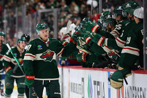 Minnesota Wild forward Kirill Kaprizov celebrates a power-play goal against Colorado in St. Paul last week. The Wild’s power play has clicked at 36.4% so far this year. (Matt Krohn-USA TODAY Sports