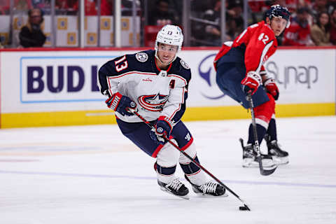 WASHINGTON, DC – MARCH 21: Johnny Gaudreau #13 of the Columbus Blue Jackets skates with the puck against the Washington Capitals during the second period of the game at Capital One Arena on March 21, 2023 in Washington, DC. (Photo by Scott Taetsch/Getty Images)