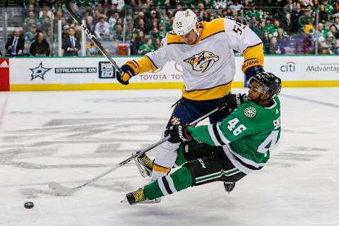 DALLAS, TX – DECEMBER 05: Nashville Predators left wing Cody McLeod (55) checks Dallas Stars center Gemel Smith (46) to the ice during the game between the Dallas Stars and the Nashville Predators on Tuesday 05, 2017 at the American Airlines Center in Dallas, Texas. Nashville beats Dallas 5-2. (Photo by Matthew Pearce/Icon Sportswire via Getty Images)