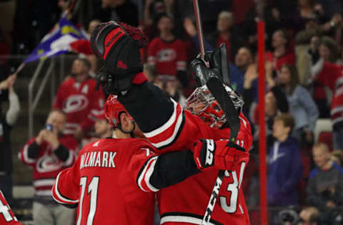 RALEIGH, NC – APRIL 04: Carolina Hurricanes Center Lucas Wallmark (71) and Carolina Hurricanes Goalie Petr Mrazek (34) celebrate after the Carolina Hurricanes clinch their first playoff birth since 2009 during a game between the New Jersey Devils and the Carolina Hurricanes at the PNC Arena in Raleigh, NC on April 4, 2019. (Photo by Greg Thompson/Icon Sportswire via Getty Images)