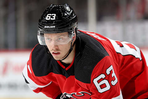 Jesper Bratt #63 of the New Jersey Devils waits for the face off against the Minnesota Wild at Prudential Center on November 24, 2021 in Newark, New Jersey. (Photo by Elsa/Getty Images)