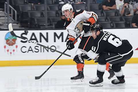 LOS ANGELES, CA – SEPTEMBER 23: Troy Terry #61 of the Anaheim Ducks and Sean Walker #61 of the Los Angeles Kings battle for the puck during the second period of the preseason game at STAPLES Center on September 23, 2019, in Los Angeles, California. (Photo by Adam Pantozzi/NHLI via Getty Images)