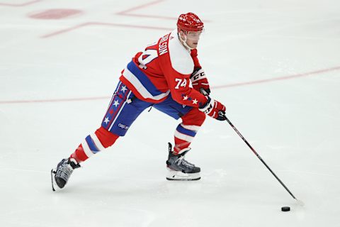 WASHINGTON, DC – FEBRUARY 10: John Carlson #74 of the Washington Capitals skates against the New York Islanders the New York Islanders at Capital One Arena on February 10, 2020 in Washington, DC. (Photo by Patrick Smith/Getty Images)