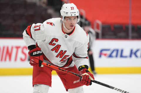 Mar 14, 2021; Detroit, Michigan, USA; Carolina Hurricanes right wing Andrei Svechnikov (37) during the game against the Detroit Red Wings at Little Caesars Arena. Mandatory Credit: Tim Fuller-USA TODAY Sports