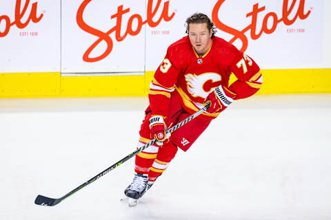 Sep 28, 2022; Calgary, Alberta, CAN; Calgary Flames right wing Tyler Toffoli (73) skates during the warmup period against the Edmonton Oilers at Scotiabank Saddledome. Mandatory Credit: Sergei Belski-USA TODAY Sports