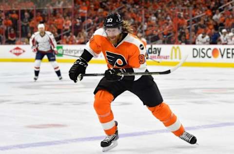 Apr 24, 2016; Philadelphia, PA, USA; Philadelphia Flyers left wing Jakub Voracek (93) during the second period against the Washington Capitals in game six of the first round of the 2016 Stanley Cup Playoffs at Wells Fargo Center. Mandatory Credit: Derik Hamilton-USA TODAY Sports