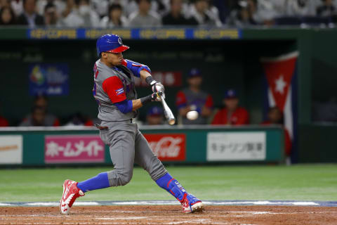 TOKYO, JAPAN – MARCH 14: Victor Victor Mesa #32 of Team Cuba hits a two-run RBI single in the fourth inning during Game 4 of Pool E of the 2017 World Baseball Classic against Team Japan at the Tokyo Dome on Monday, March 14, 2017 in Tokyo, Japan. (Photo by Yuki Taguchi/WBCI/MLB Photos via Getty Images)