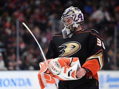 ANAHEIM, CALIFORNIA – FEBRUARY 25: John Gibson #36 of the Anaheim Duck . (Photo by Harry How/Getty Images)