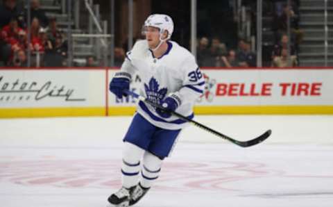 DETROIT, MICHIGAN – OCTOBER 12: Rasmus Sandin #38 of the Toronto Maple Leafs  . (Photo by Gregory Shamus/Getty Images)